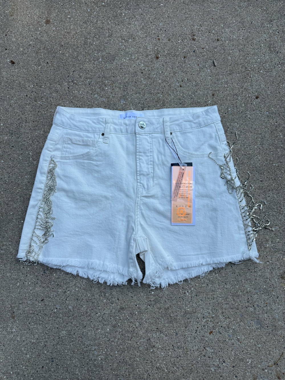 NWT RISEN Los Angeles white denim shorts with silver fringe